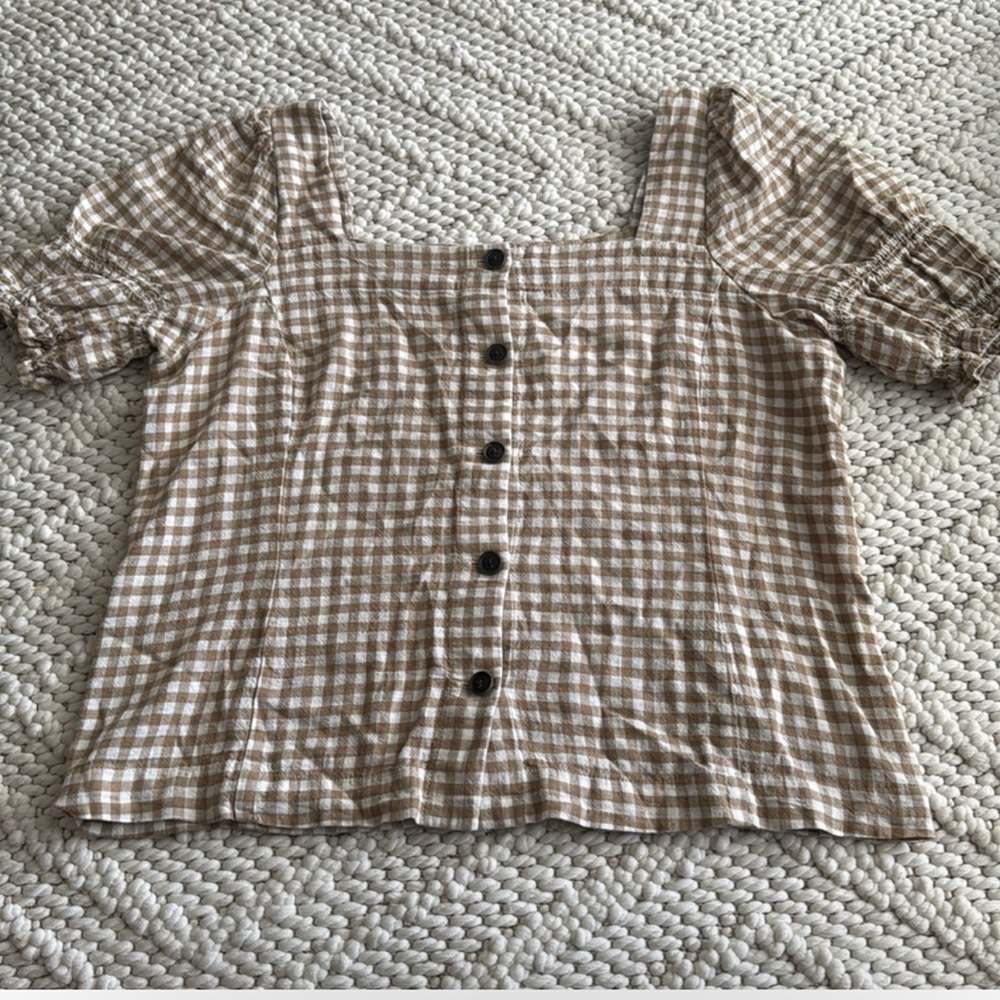 Madewell Gingham Jacquard Square Neck Puff Sleeve Top| Trendy Preppy Business - Picture 4 of 6
